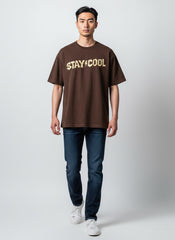 STAY COOL Oversized Street Tee - Vintage Brown Statement Graphic