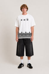 Ethnic Script Border Print Oversized White T-Shirt