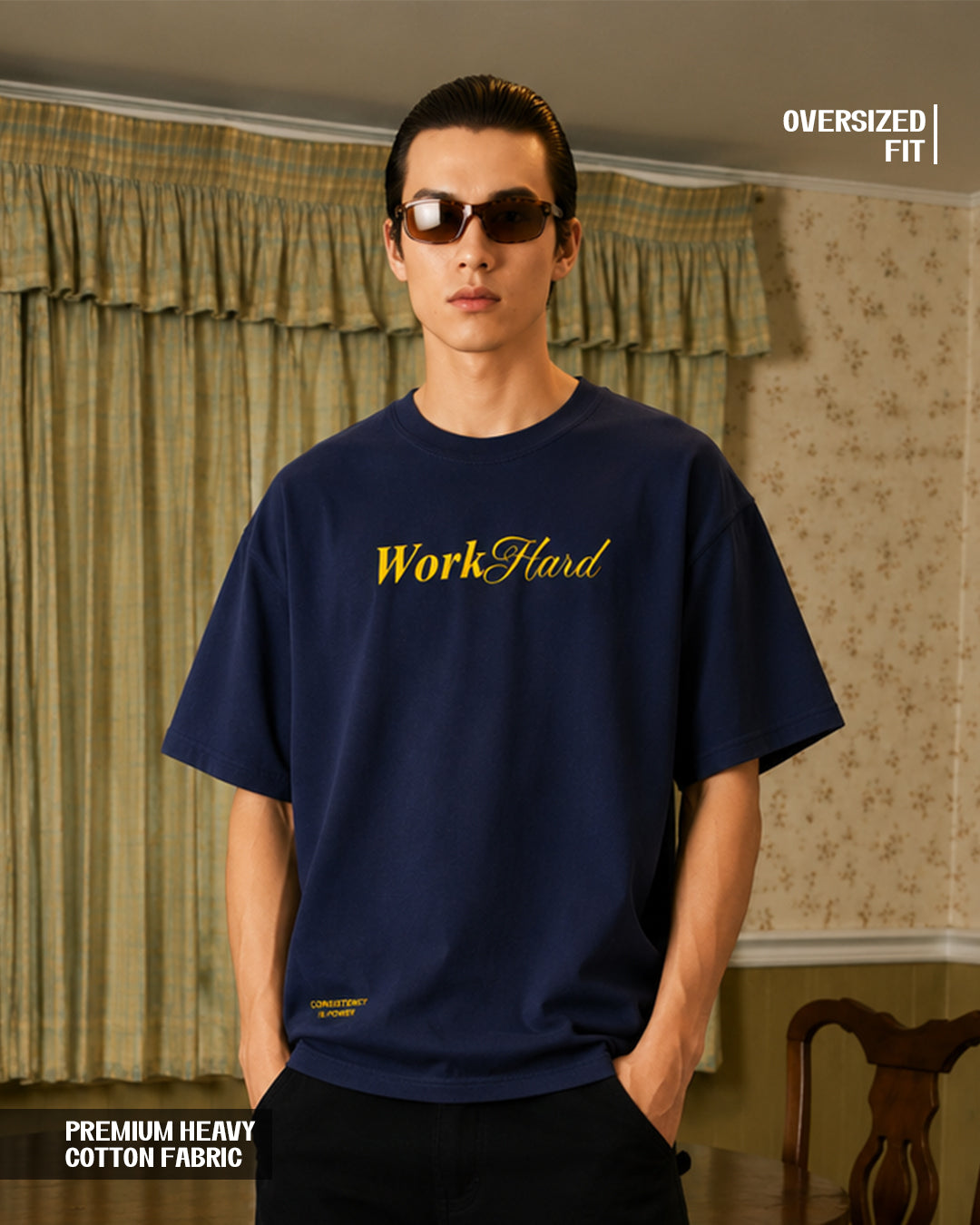 Work Hard” Minimal Typography Oversized Navy T-Shirt