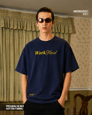 Work Hard” Minimal Typography Oversized Navy T-Shirt