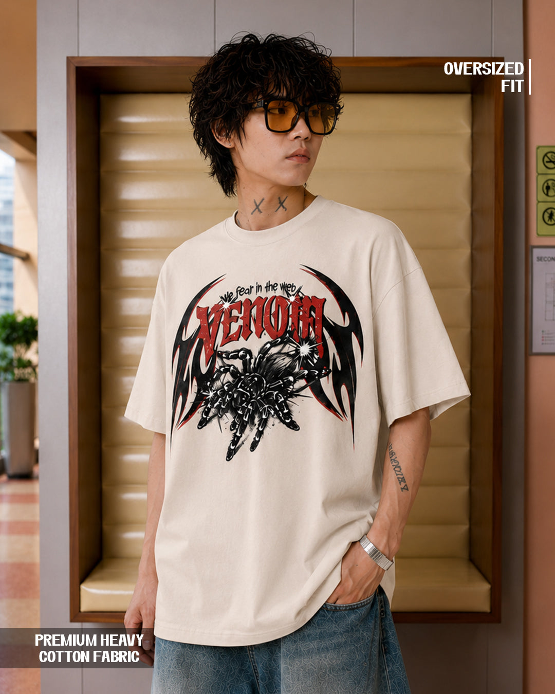Venom Web Regular Graphic T-Shirt – Beige