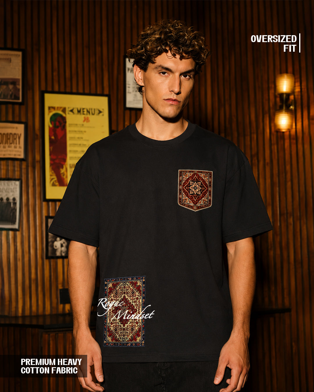 Vintage Rug Patch Graphic Oversized Black T-Shirt