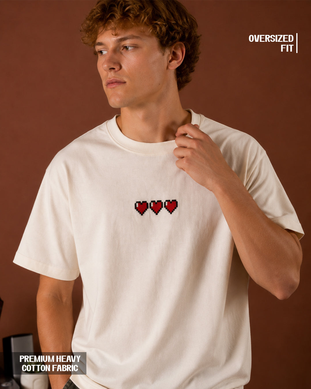 Pixel Hearts Embroidered Oversized T-Shirt – Off White