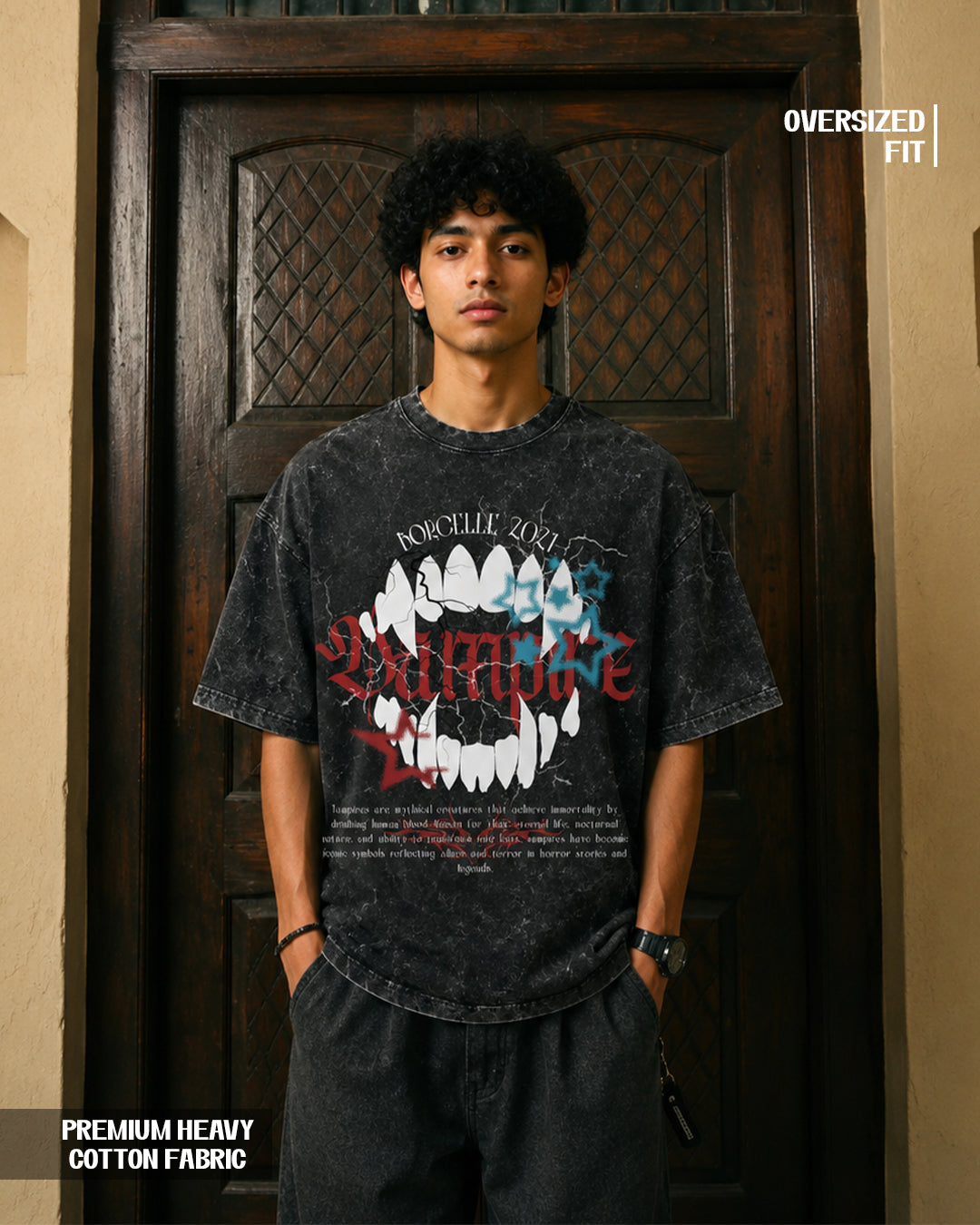 Vampire Graphic Acid Wash Oversized T-Shirt – Premium Heavyweight Cotton