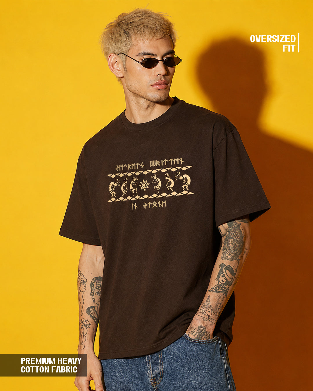 Tribal Graphic Print Oversized Brown T-Shirt