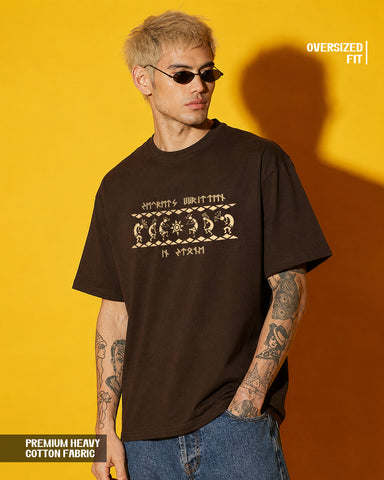 Tribal Graphic Print Oversized Brown T-Shirt