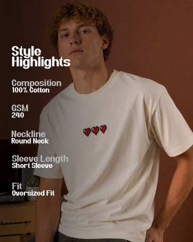 Pixel Hearts Embroidered Oversized T-Shirt – Off White