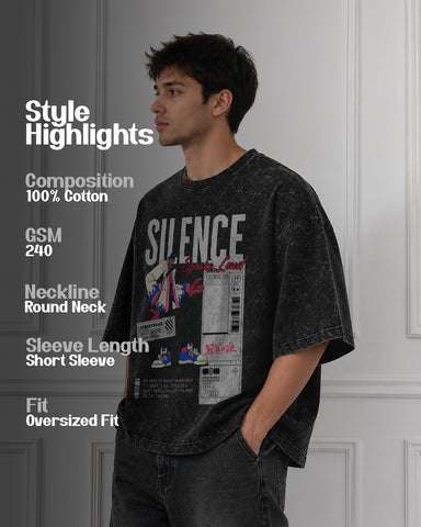 Silence Speaks Loud Acid Wash Oversized T-Shirt – Premium Heavyweight Cotton