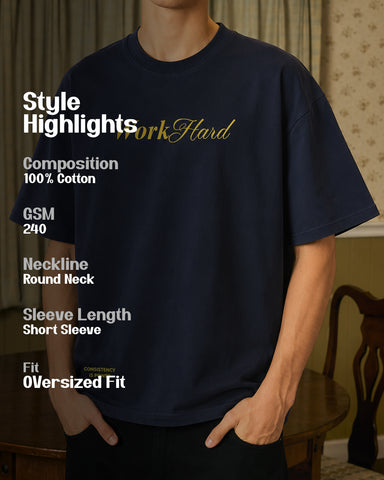 Work Hard” Minimal Typography Oversized Navy T-Shirt
