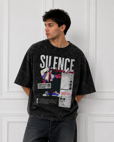 Silence Speaks Loud Acid Wash Oversized T-Shirt – Premium Heavyweight Cotton