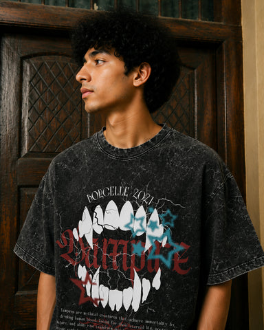 Vampire Graphic Acid Wash Oversized T-Shirt – Premium Heavyweight Cotton