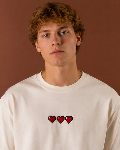 Pixel Hearts Embroidered Oversized T-Shirt – Off White