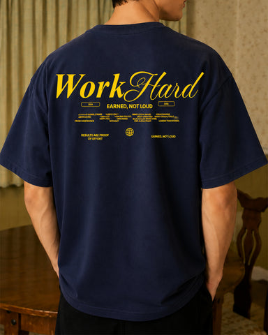 Work Hard” Minimal Typography Oversized Navy T-Shirt