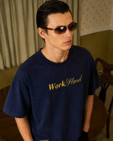 Work Hard” Minimal Typography Oversized Navy T-Shirt