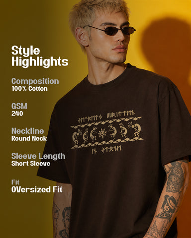 Tribal Graphic Print Oversized Brown T-Shirt