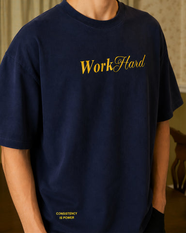 Work Hard” Minimal Typography Oversized Navy T-Shirt