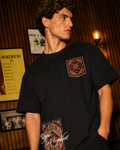 Vintage Rug Patch Graphic Oversized Black T-Shirt