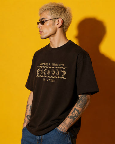Tribal Graphic Print Oversized Brown T-Shirt