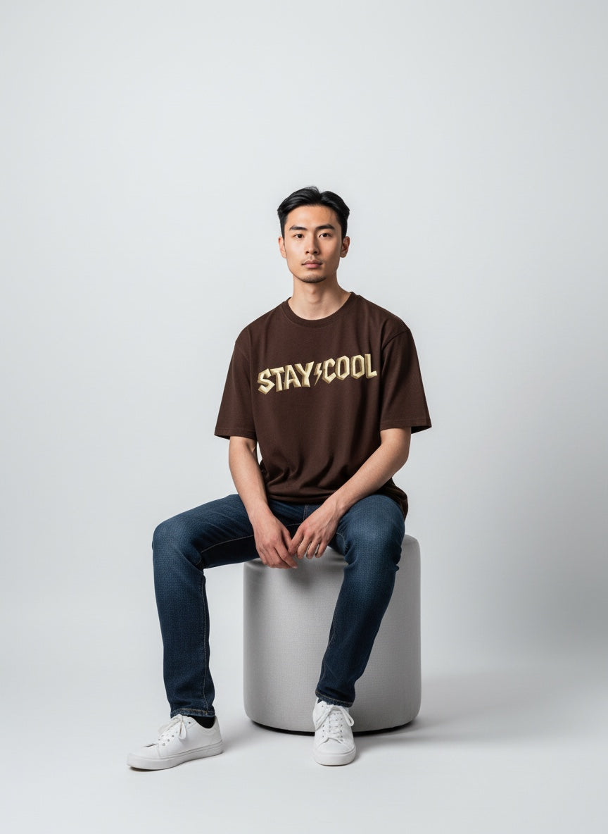 STAY COOL Oversized Street Tee - Vintage Brown Statement Graphic