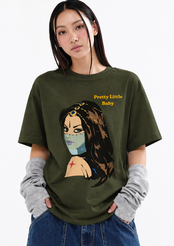 Pretty Little Baby Graphic Oversized T-Shirt – Olive Green