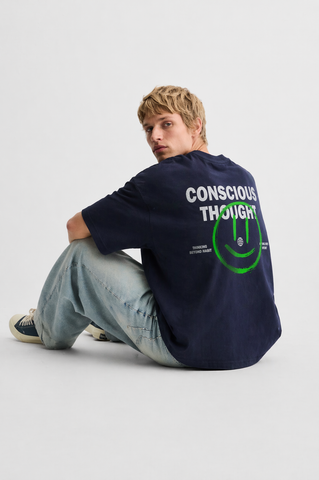 Conscious Thought” Graphic Oversized Navy T-Shirt