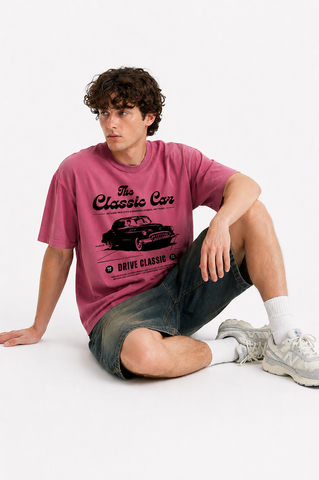 Vintage Classic Car Graphic Oversized T-Shirt – Dusty Pink