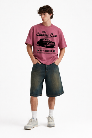 Vintage Classic Car Graphic Oversized T-Shirt – Dusty Pink