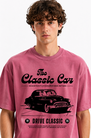 Vintage Classic Car Graphic Oversized T-Shirt – Dusty Pink