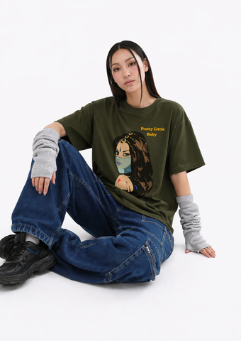 Pretty Little Baby Graphic Oversized T-Shirt – Olive Green