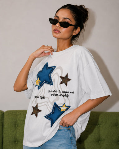 Women's Eternal Light Star Patch Oversized Graphic T-Shirt - 180 GSM Regular Fit