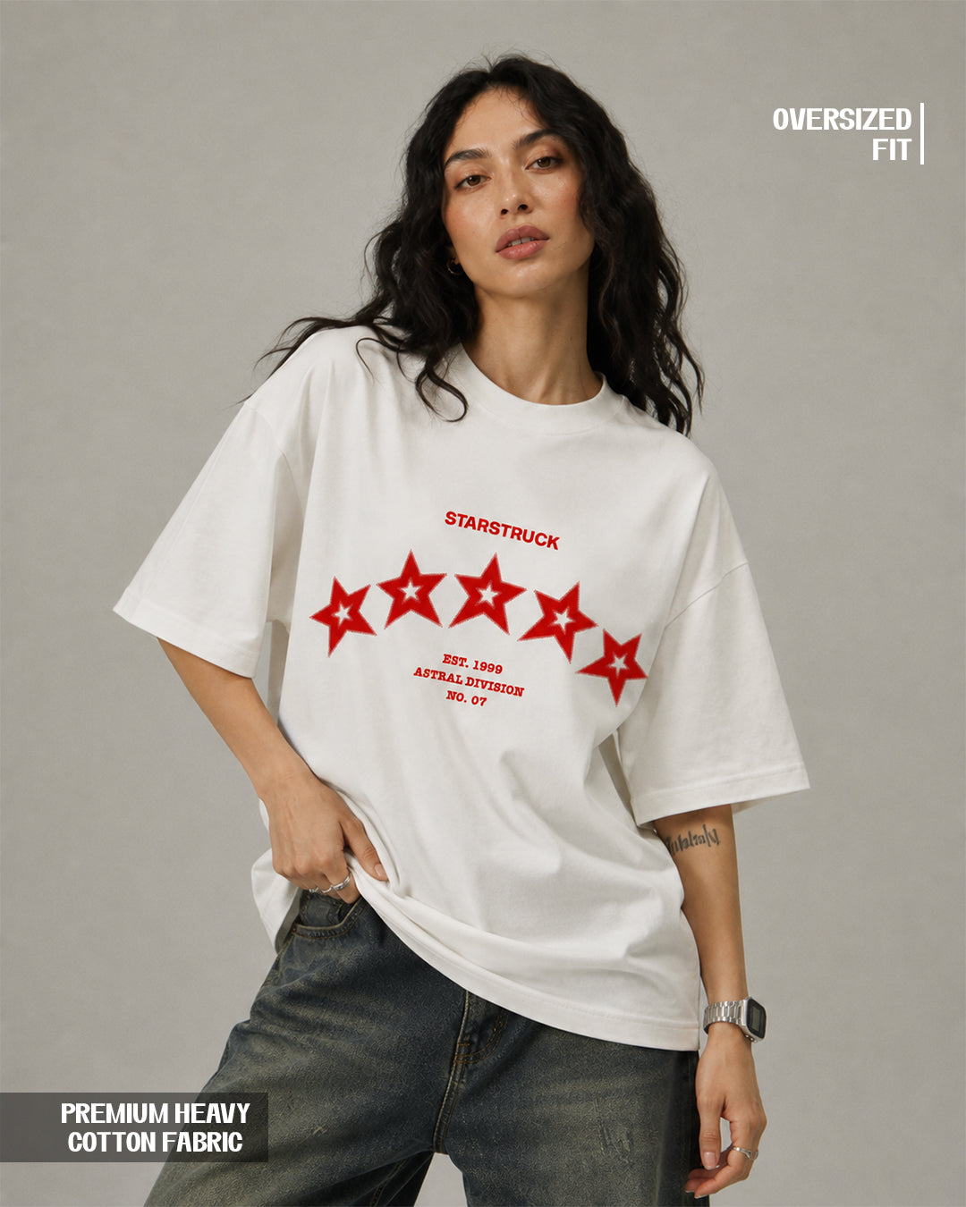 Women's Starstruck Red Stars Oversized Graphic T-Shirt - 180 GSM Regular Fit
