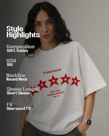 Women's Starstruck Red Stars Oversized Graphic T-Shirt - 180 GSM Regular Fit