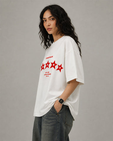 Women's Starstruck Red Stars Oversized Graphic T-Shirt - 180 GSM Regular Fit