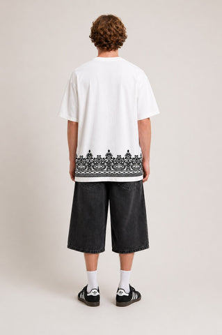 Ethnic Script Border Print Oversized White T-Shirt