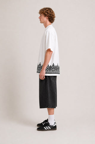 Ethnic Script Border Print Oversized White T-Shirt