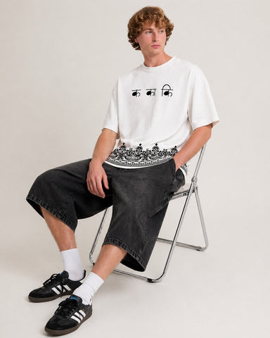 Ethnic Script Border Print Oversized White T-Shirt