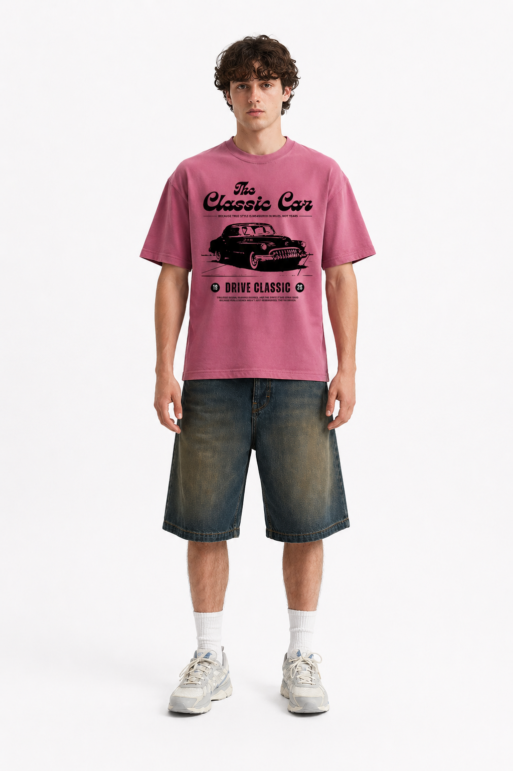 Vintage Classic Car Graphic Oversized T-Shirt – Dusty Pink