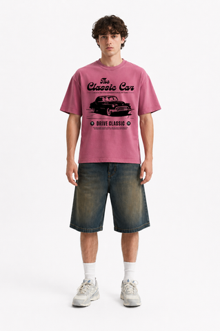 Vintage Classic Car Graphic Oversized T-Shirt – Dusty Pink