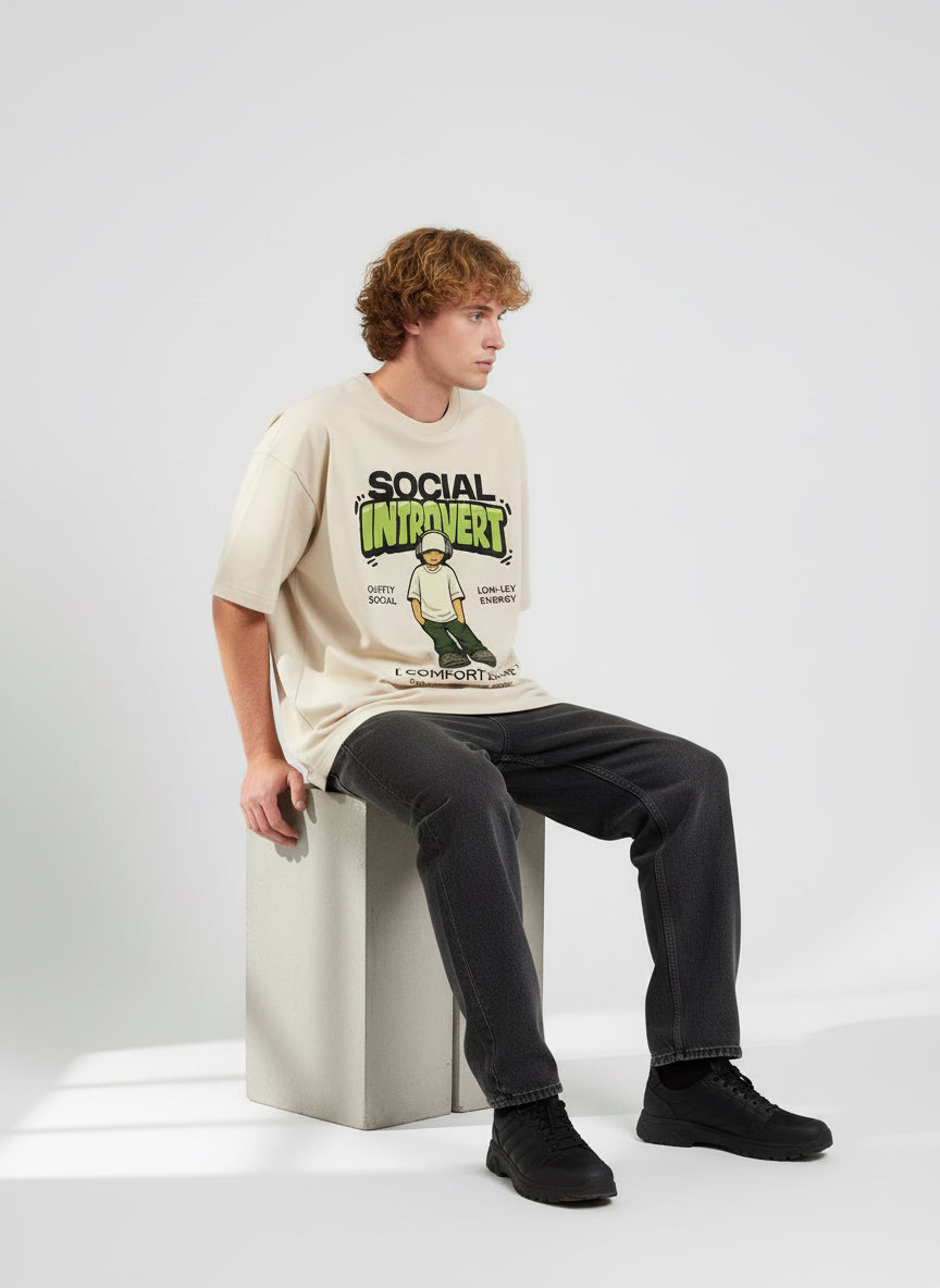 Social Introvert Oversized T-Shirt – Beige
