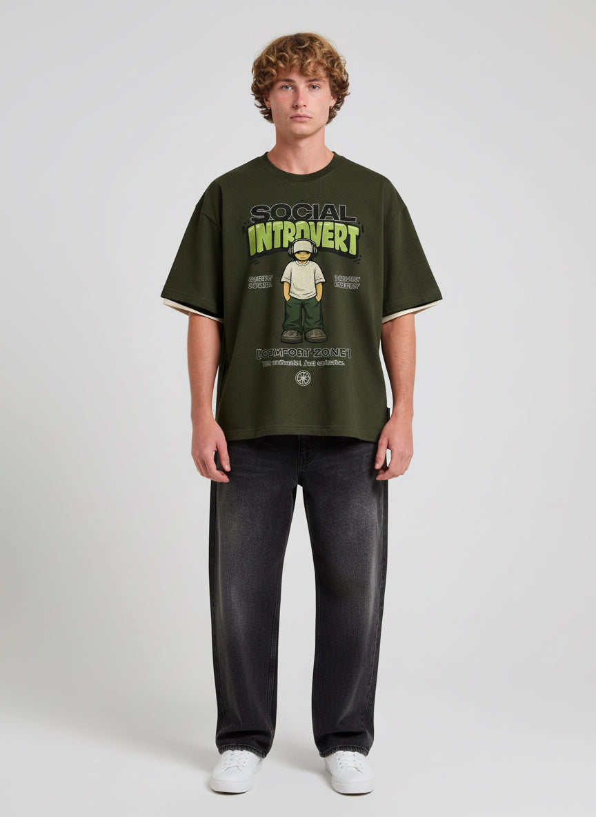 Social Introvert Oversized T-Shirt – Olive Green