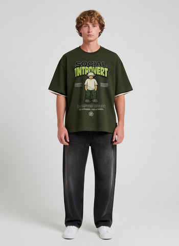 Social Introvert Oversized T-Shirt – Olive Green