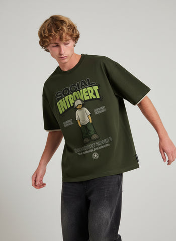 Social Introvert Oversized T-Shirt – Olive Green
