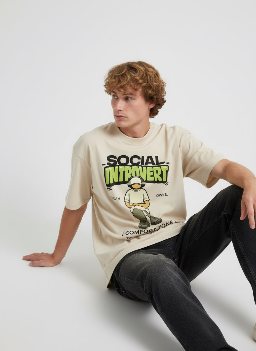 Social Introvert Oversized T-Shirt – Beige