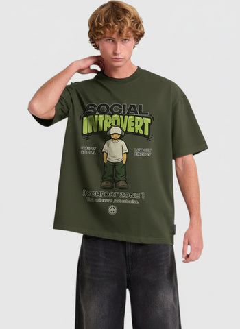 Social Introvert Oversized T-Shirt – Olive Green