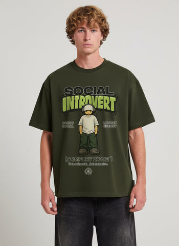 Social Introvert Oversized T-Shirt – Olive Green